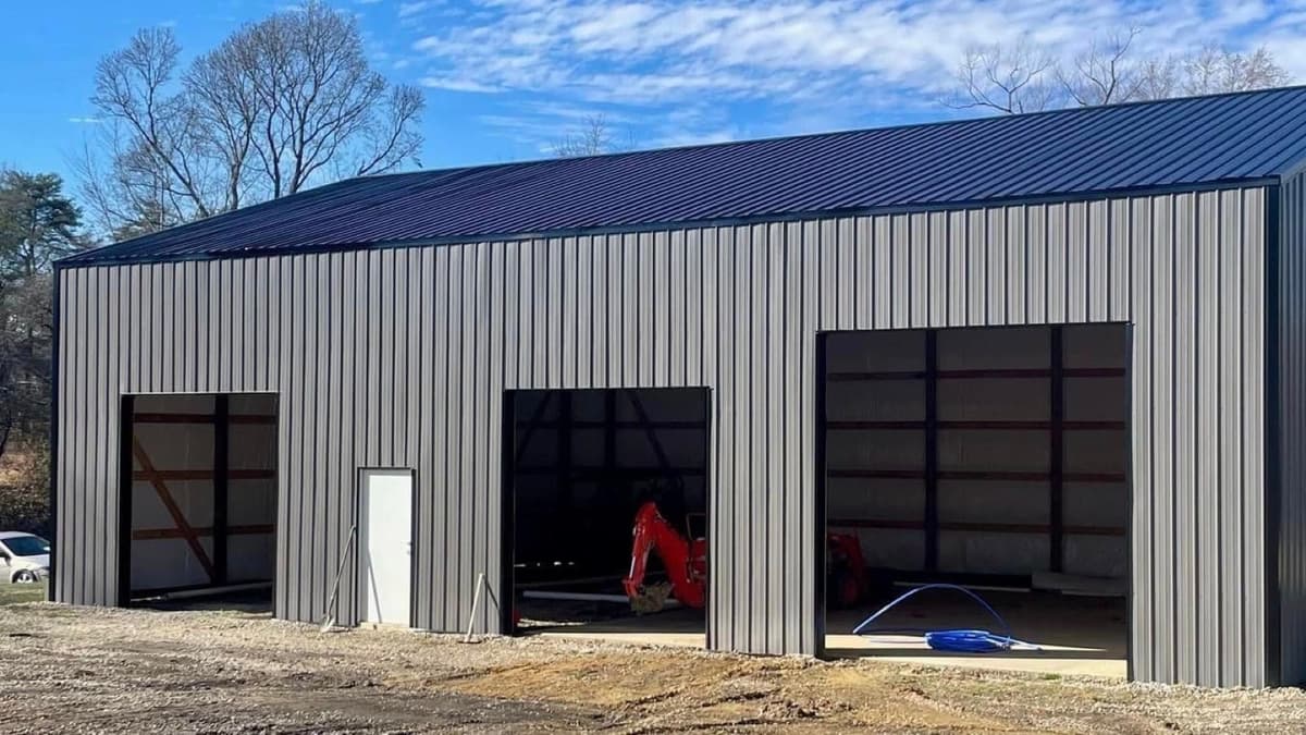 Gray metal storage building